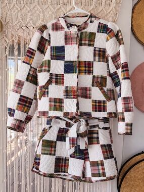 Sézane Patchwork Quilted Jacket & Shorts Set Size 36 Plaid Matching Set